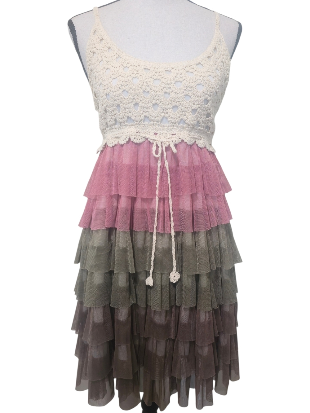 J. Gee Crochet Tiered Ruffle Dress Boho Fairycore Cottagecore Med Pink Green